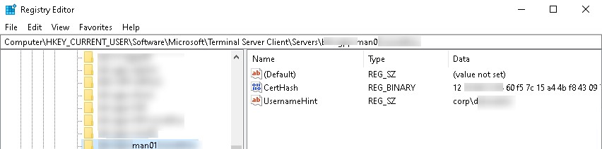 сохраненные данные rdp сервера в реестра windows