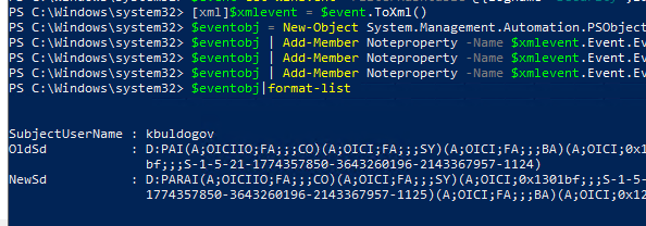 Получить старые и новые NTFS разрешения каталога из события с помощью PowerShell командлета Get-WinEvent