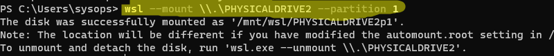 wsl --mount \\.\PHYSICALDRIVE2
