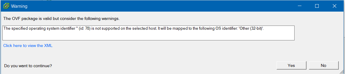 ошибка ovf: The specified operating system identifier " (id: 78) is not supported on the selected host.