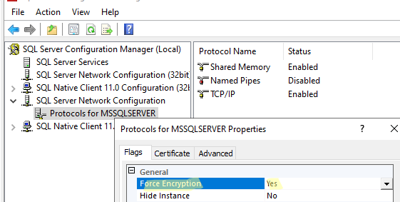 разрешить шифрование подключений в SQL Server
