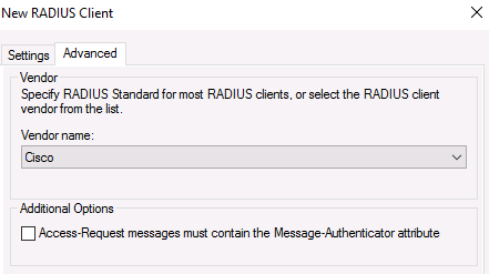 Выбор производителя Cisco в дополнительных параметрах RADIUS-клиента