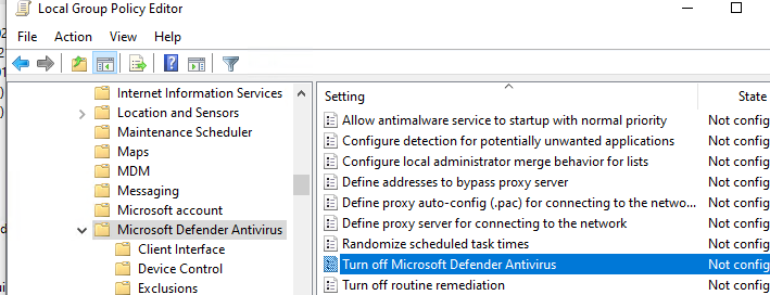 параметр групповой политики для отключения антвируса Turn off Windows Defender Antivirus
