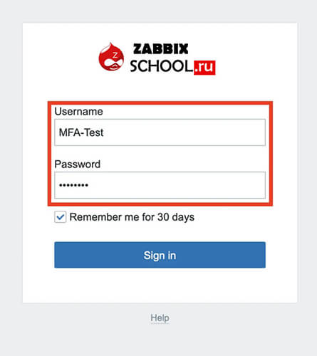 Вход пользователя в Zabbix с включённой 2FA