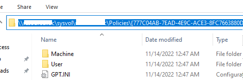 каталог с файлами групповой политики gpt.ini в sysvol