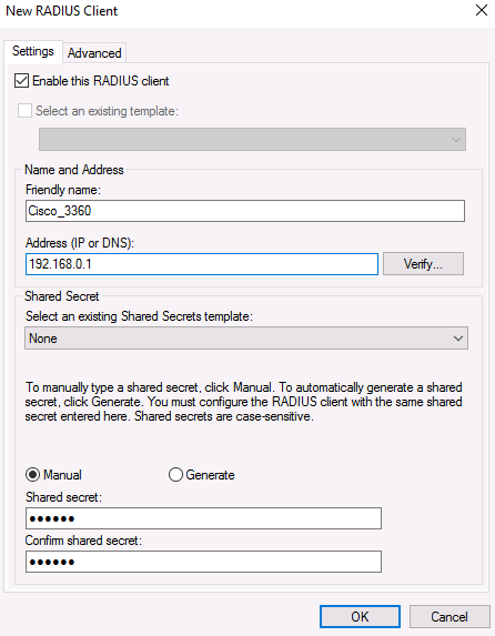 Параметры RADIUS-клиента Cisco и общий секрет в NPS
