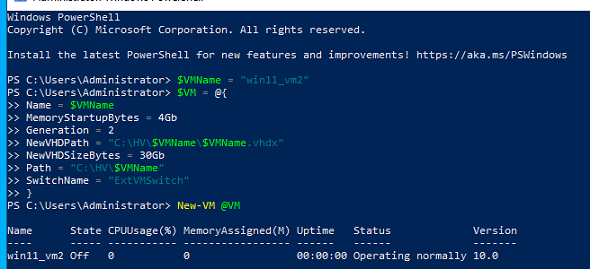 создать виртуальную машину hyper-v с помощью команд powershell