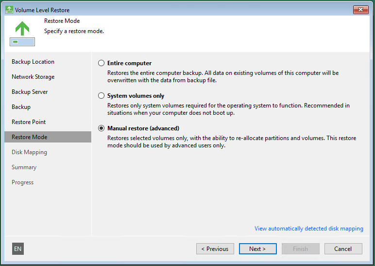 Выбор Manual restore advanced в Veeam Recovery Media