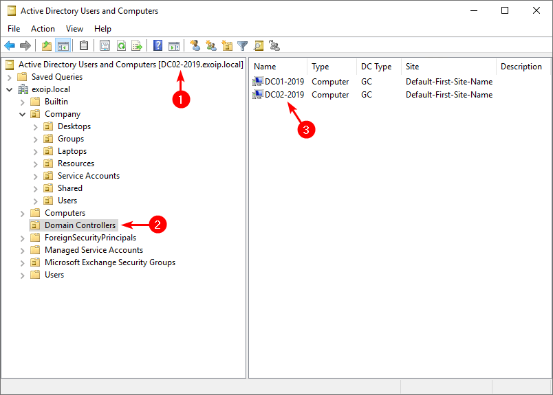 Два контроллера домена в Active Directory Users and Computers
