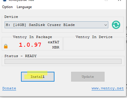 Запись загрузчика ventoy на USB флешку