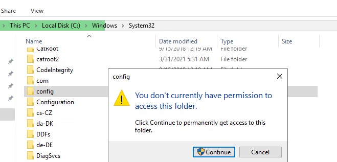 UAC предупреждение в Windows У вас не разрешений на доступ к этой папке; нажмите Продолжить, чтобы получить постоянный доступ