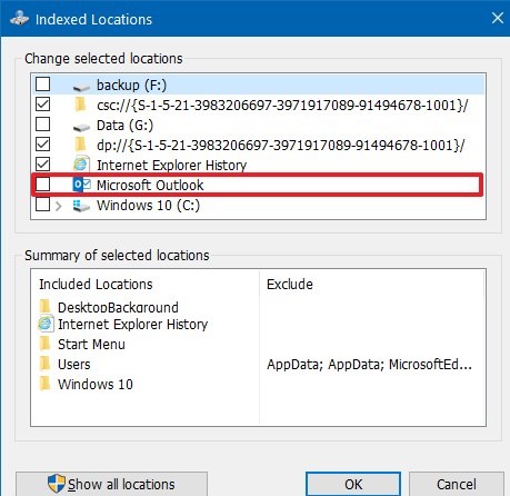 отключить outlook из индексации службой windows search