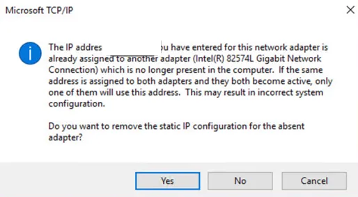 The IP address <IP address> you have entered for this network adapter is already assigned to another adapter 