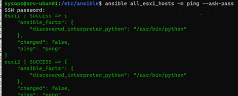 ansible проверить доступность хостов esxi ping