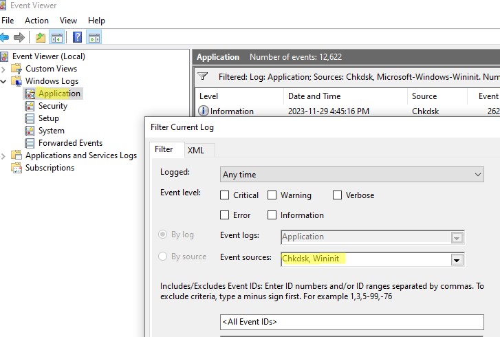 Логи chkdsk хранятся в Event Viewer