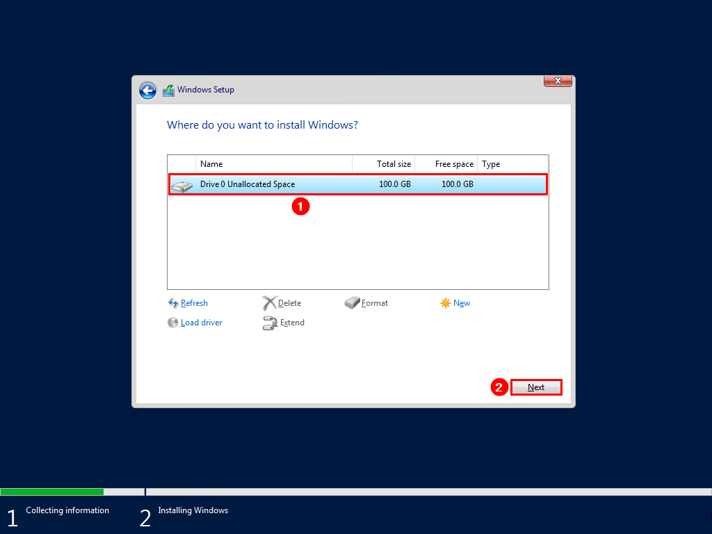 Выбор диска для установки Windows Server