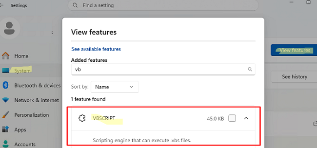 Опциональный компонент VBSCRIPT в Windows 11