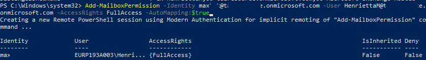 Add-MailboxPermission AccessRights FullAccess 