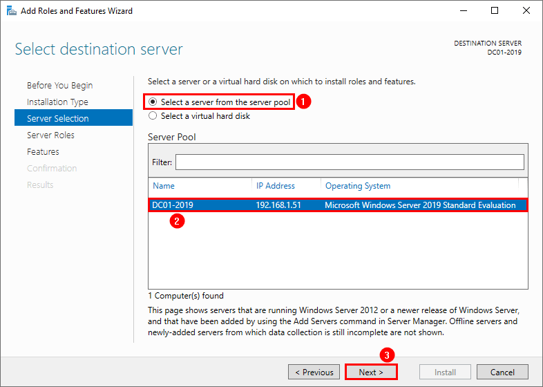 Выбор сервера для установки Active Directory Domain Services
