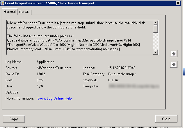 Microsoft Exchange Transport is rejecting message submissions