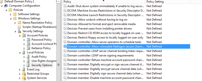 новая групповая политика Domain controller: Allow vulnerable Netlogon secure channel connections
