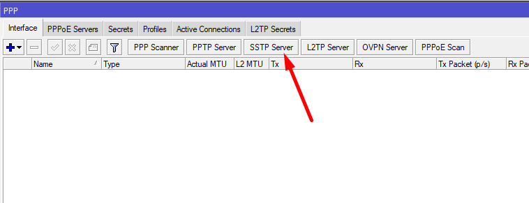 Открытие настроек SSTP Server на MikroTik