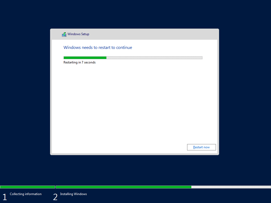 Перезагрузка Windows Server во время установки
