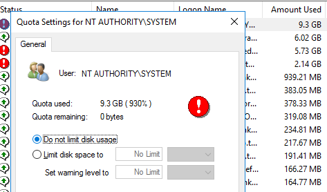 убрать лимит на дисковую квоту у пользователя Do not limit disk usage