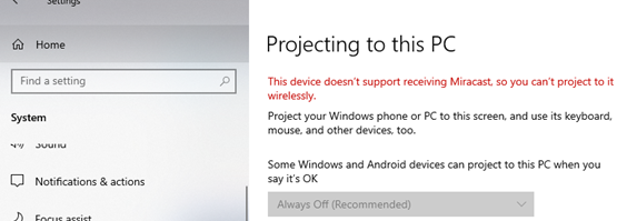This device doesn’t support receiving Miracast, so you can’t project to it wirelessly.
