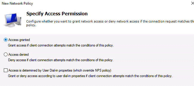 Разрешение доступа Access granted в политике NPS