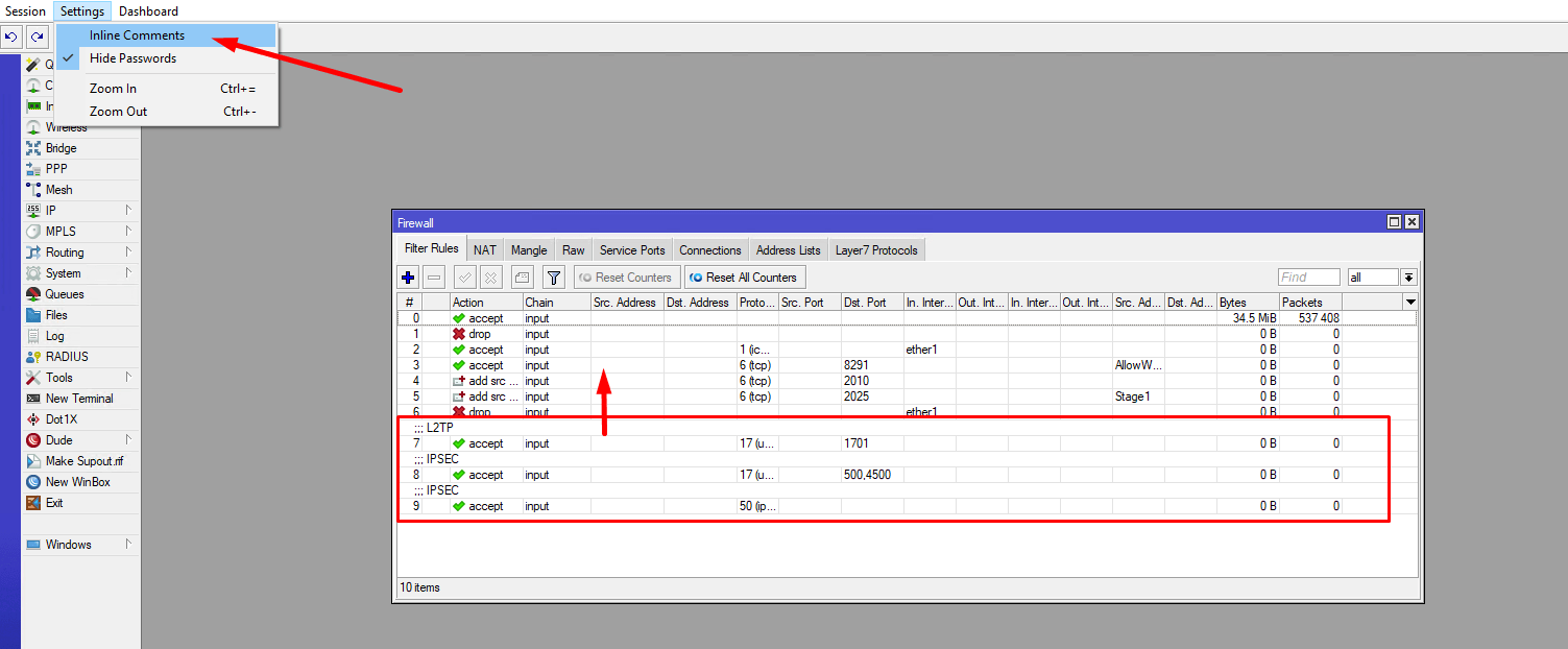 Порядок правил Firewall для L2TP IPsec MikroTik