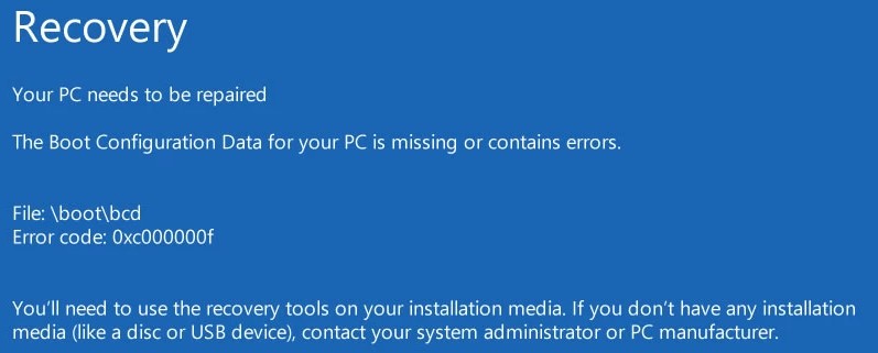 ошибка 0xc000000f отсутсвует файл boot\bcd при загрузке Windows 10bcd-