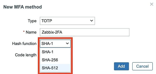 Выбор SHA-512 для TOTP в Zabbix 7.0