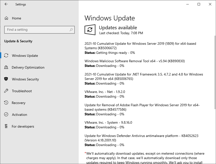 Установка обновлений Windows Server