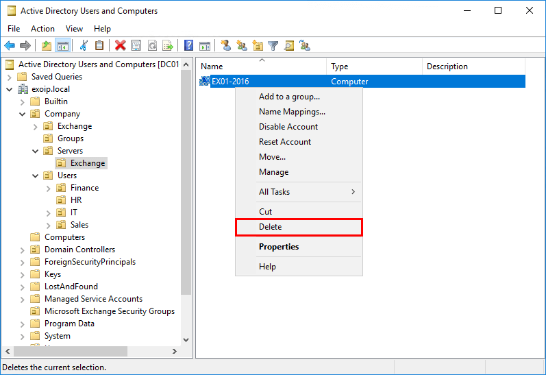 Удаление Exchange Server из Active Directory Users and Computers