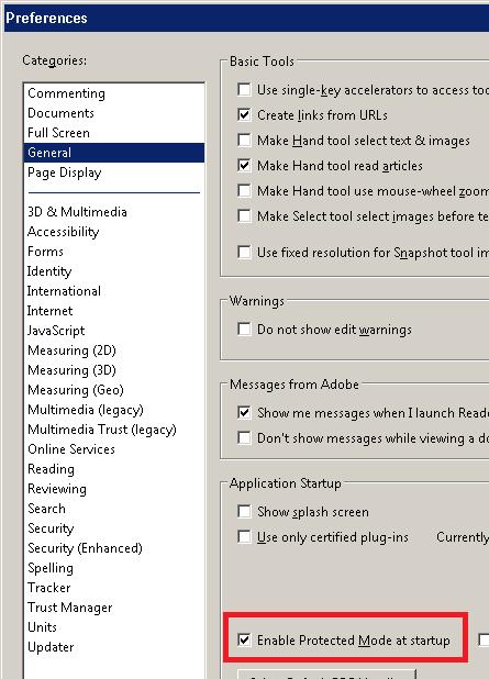 Protected Mode at startup в adobe reader X