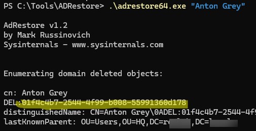 adrestore.exe вывести список удаленных обьектов в AD
