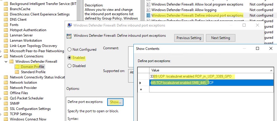 задать разрешающие правила firewall списоком в групповых политиках