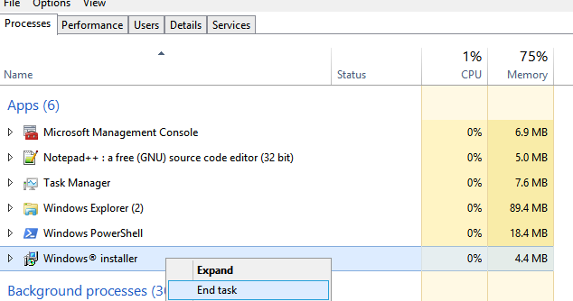 остановит процесс Windows Installer (msiserver)
