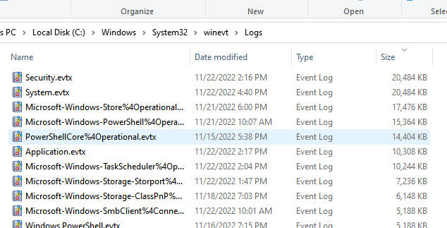 evtx файлы журналов событий в каталоге Winevt\Logs\