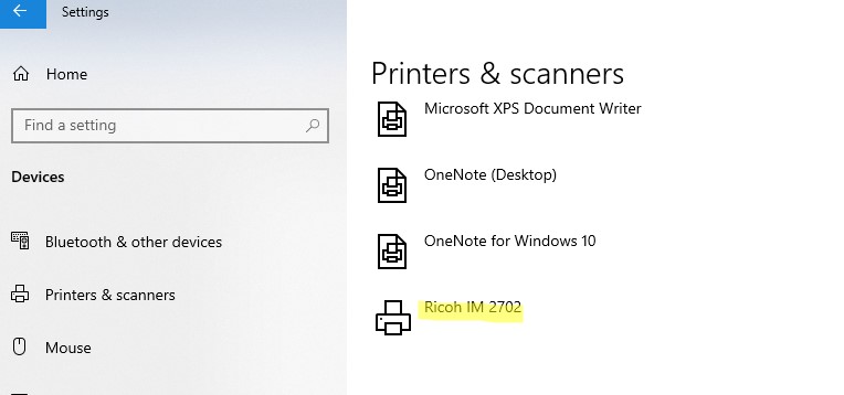 Принтер появился в панели Параметры Windows