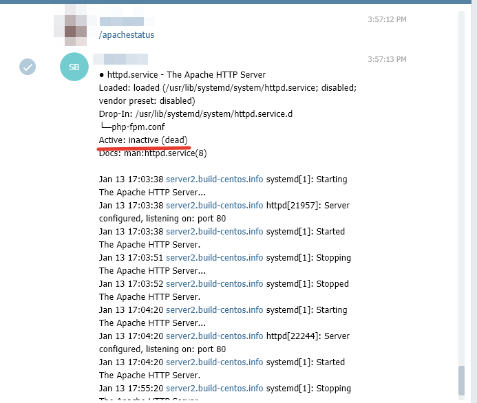 команда состояния сервера в telegram боте