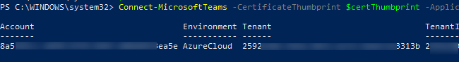 Connect-MicrosoftTeams -CertificateThumbprint 