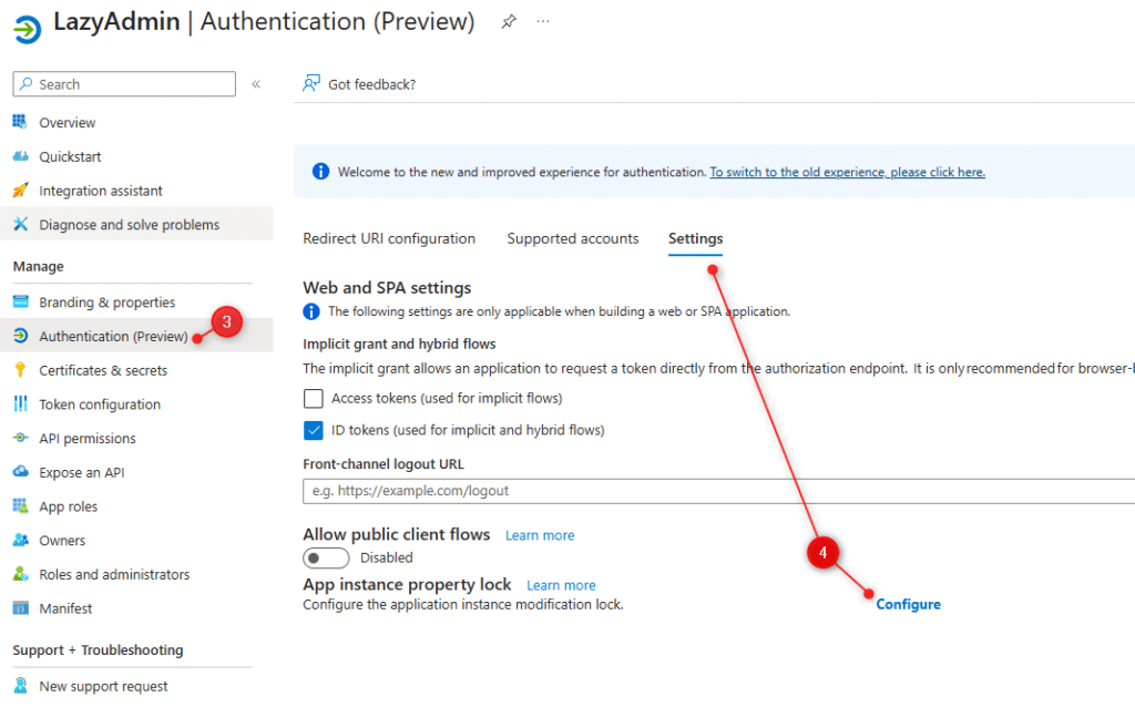 Параметры App instance property lock в Microsoft Entra.