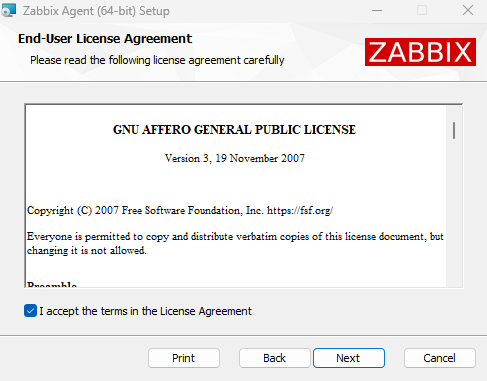 Лицензионное соглашение Zabbix Agent для Windows