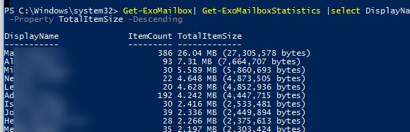 microsoft 365 вывести размеры всех ящиков пользователей с помощью powershell