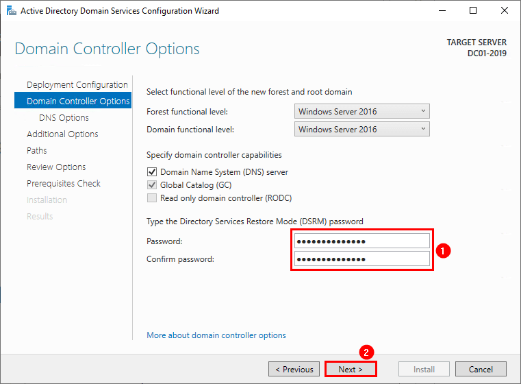 Настройка Domain Controller Options и пароля DSRM