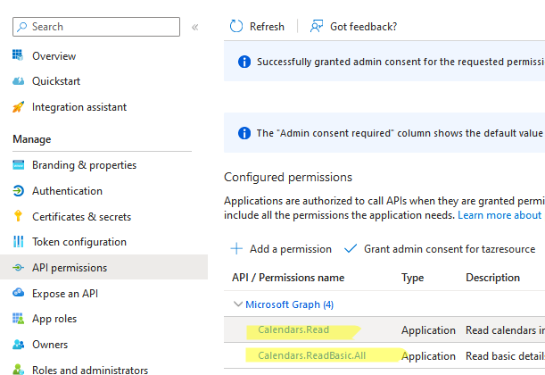 права Microsoft Graph для доступа к календарям в ящиках exchange